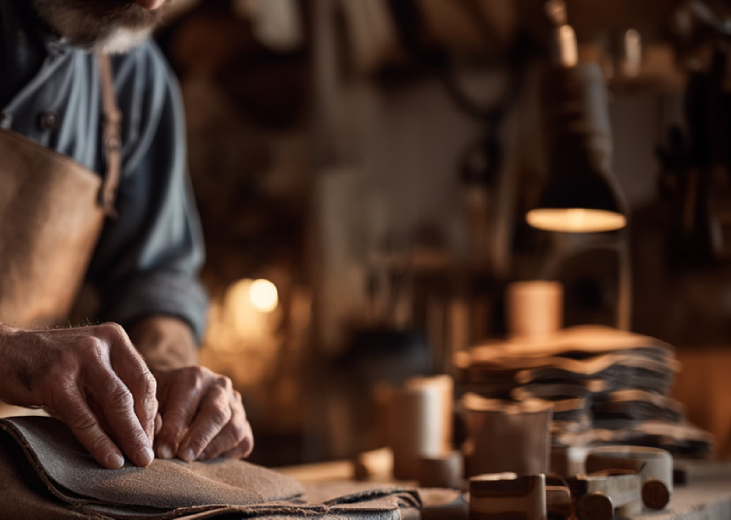 A craftsman shaping leather at a workbench under low light