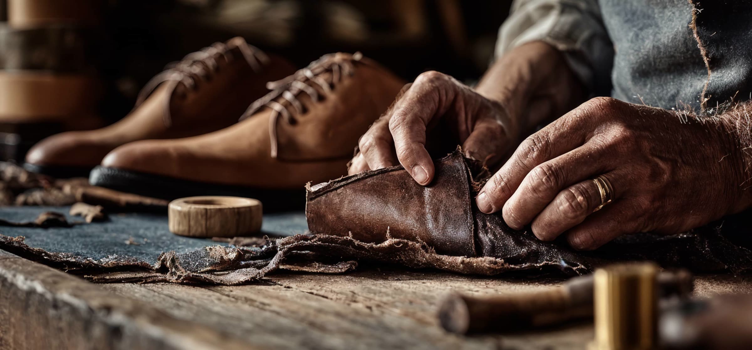 A craftsman working leather by hand at the FRSHR bench